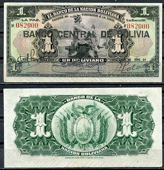 Боливия 1 боливиано 1911 (1929) надпечатка на Pick 103, серия G4, Меркурий Pick 112 (3)  бумага  7217-66-1-2