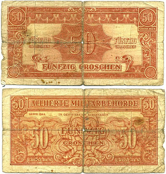 Австрия, Союзные военные власти 50 грошей 1944 Allierte Militaerbehoerde Pick 102 b бумага 3295-6-3-1