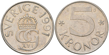 Швеция 5 крон 1991 D, Карл XVI Густав (1973-) KM 853 медно-никель 4131-1022