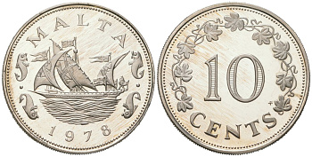 Мальта 10 центов 1978 FM KM 11 медно-никель PROOF 4574-1046