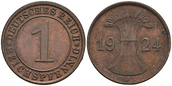 Германия 1 рейхспфенниг 1924 J KM 37, J. 313 бронза 4516-357