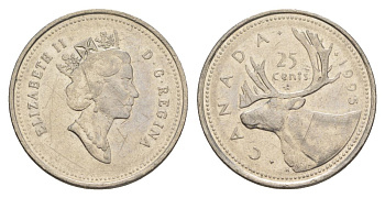 Канада 25 центов 1995 Елизавета II (1952-2022), олень KM 184 никель 4631-645