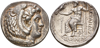 Македонское Царство тетрадрахма 328 - 320 гг. до н.э. Александр III Великий, голова Александра в виде Геракла в львином скальпе / "ЦАРЯ АЛЕКСАНДРА", Зевс на троне, держит орла и скипетр, слева кадуцей, г. Арад, 17,20 гр, серебро 10-020-20