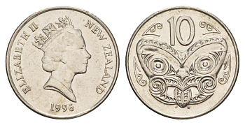 Новая Зеландия 10 центов 1996 Елизавета II (1952-2022), маска маори KM 61 медно-никель 4652-654