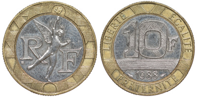 Франция 10 франков 1988 тип гений Бастилии KM 964.1, Le Franc 375.2 биметалл 4606-146