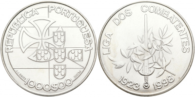 Португалия 1000 эскудо 1998 75 лет лиге бойцов KM 714 серебро UNC 1081-6-51