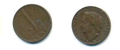 Нидерланды 1 цент 1948 Вильгельмина (1890-1948), год тип KM 175 бронза 80-942