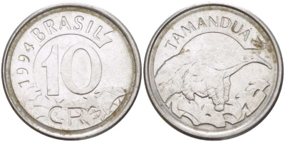 Бразилия 10 крузейро реал 1994 муравьед KM 628 нержавеющая сталь 4388-313