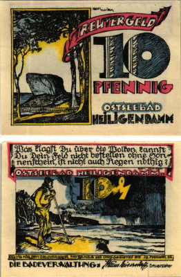 ХАЙЛИГЕНДАММ 10 ПФЕННИГОВ 1922 НОТГЕЛЬД, 1922 - 28 ФЕВРАЛЯ 1922, ЗЕМЛЯ МЕКЛЕНБУРГ, ПЕРЕДНЯЯ ПОМЕРАНИЯ Grabowski 590.1 бумага 6318-41-3-3