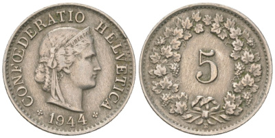 Швейцария 5 раппенов 1944 B KM 26 медно-никель 4115-1225