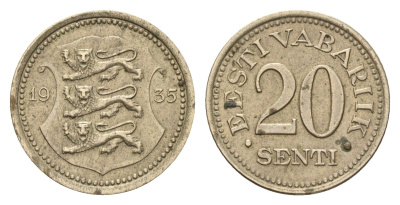 Эстония 20 сентов 1935 год-тип KM 17 никель латунь 46-2523