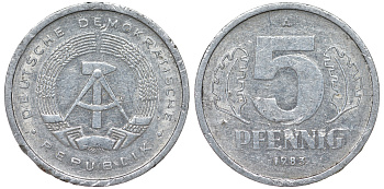 ГДР 5 ПФЕННИГОВ 1983 A КМ 9.2 алюминий 62-444