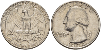 США 25 центов (квотер) 1974 Вашингтон KM 164a медь плакированная медно-никелем 31-725