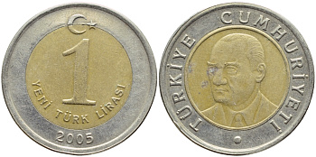 ТУРЦИЯ 1 ЛИРА 2005 KM 1169 биметалл 4397-236