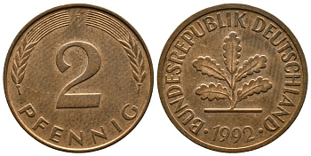 ФРГ 2 ПФЕННИГА 1992 F KM 106a, J.381a сталь плакированная сталь плакированная медьюю 179-1024
