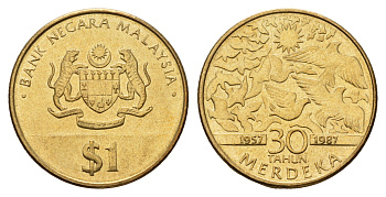 Малайзия 1 ринггит 1987 30 лет Независимости KM 43 латунь UNC 4671-1227