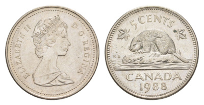 Канада 5 центов 1988 Елизавета II (1952-2022), бобр KM 60.2a медно-никель 4630-737
