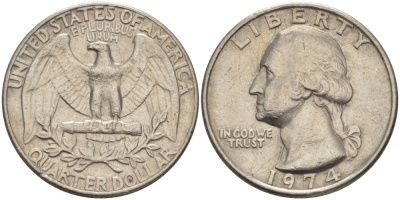 США 25 центов (квотер) 1974 Вашингтон KM 164a медь плакированная медно-никелем 31-725