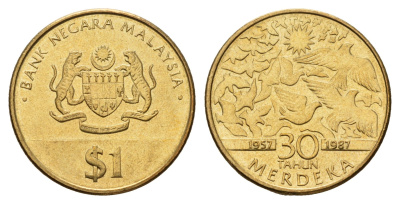Малайзия 1 ринггит 1987 30 лет Независимости KM 43 латунь UNC 4671-1227