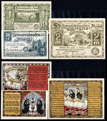Хельмарсхаузен (Пруссия, Гессен-Нассау) полный набор из 3 нотгельдов (50 пфеннигов; 1 и 2 марки) 1921 DeNG 1/2 596.2 бумага UNC (пресс) 7555-17-3-2