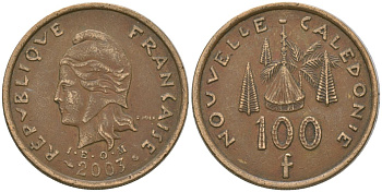 Французская Новая Каледония 100 франков 2003 хижина среди сосен и пальм, (IEOM) KM 15, Schoen 16, Lec 139g никель латунь 4149-136