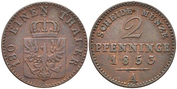 Пруссия 2 пфеннига 1853 А, Фридрих Вильгельм IV (1840-1861) KM 452, Jaeger 51, Olding 336, AKS 91 медь 201-564