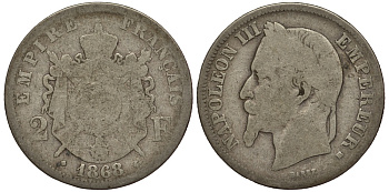 ФРАНЦИЯ 2 ФРАНКА 1868 ВВ KM 807.2 серебро 3896-941