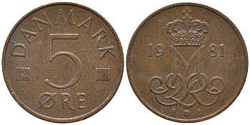 ДАНИЯ 5 ЭРЕ 1981 B; B, МАРГРЕТЕ II (1972-) KM 859.2 железо плакированное медью 116-147