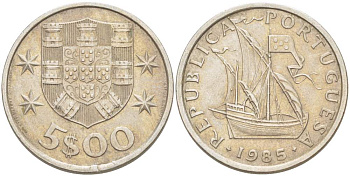 ПОРТУГАЛИЯ 5 ЭСКУДО 1985 ПАРУСНИК KM 591 медно-никель 4523-557