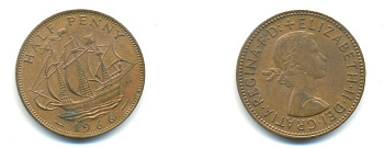 Великобритания 1/2 пенни 1966 Елизавета II (1952-2022) KM 896, Spink 4158 бронза 59-1336