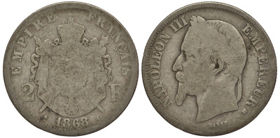 ФРАНЦИЯ 2 ФРАНКА 1868 ВВ KM 807.2 серебро 3896-941