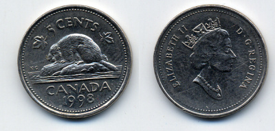 КАНАДА 5 ЦЕНТОВ 1998 ЕЛИЗАВЕТА II, БОБЕР KM 182 медно-никель 54-257