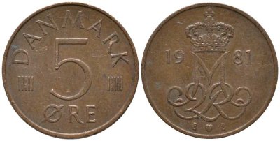 ДАНИЯ 5 ЭРЕ 1981 B; B, МАРГРЕТЕ II (1972-) KM 859.2 железо плакированное медью 116-147