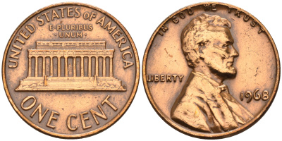 США 1 цент 1968 Линкольн KM 201 медь цинк    4115-318