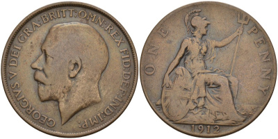 Великобритания 1 пенни 1912 Георг V (1910-1936) KM 810, Spink 4051 бронза 4149-712