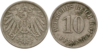 Германия 10 пфеннигов 1907 A KM 12, J. 13 медно-никель 4187-1025