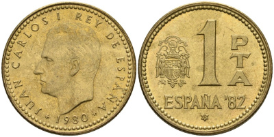 Испания 1 песета 1980 (82) чемпионат мира по футболу 1982 года в Испании, Хуан Карлос I (1975 - 2014) KM 816 алюминиевая бронза 4604-312