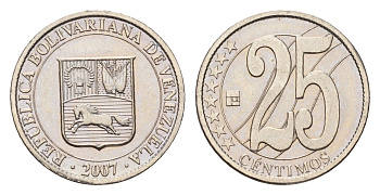 Венесуэла 25 сентимо 2007 Y 91 сталь плакированная никелем UNC 4643-844
