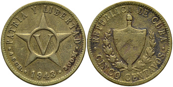 Куба 5 сентаво 1943 звезда, республика (1915-1961) KM 11.3 a латунь 72-336