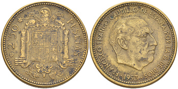 ИСПАНИЯ 2 1/2 ПЕСЕТЫ 1953 (56) ФРАНСИСКО ФРАНКО ДИКТАТОР ИСПАНИИ ( 1939- 1975) KM 785 алюминиевая бронза 216-433