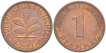 ФРГ 1 ПФЕННИГ 1982 J KM 105, J. 380 сталь плакированная медью 4181-649
