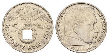 Германия 5 рейхсмарок 1938 F, Пауль фон Гинденбург (1847-1934) KM 94, J. 367 серебро 1518-1611