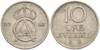 Швеция 10 эре 1968 U Густав VI Адольф (1950-1973) KM 835 медно-никель 4364-3611