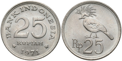 Индонезия 25 рупий 1971 венценосный голубь KM 34 медно-никель UNC 4115-1249