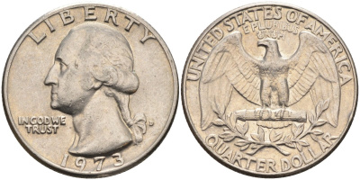 США 25 центов (квотер) 1973 D, Вашингтон KM 164a медь плакированная медно-никелем 4584-1025