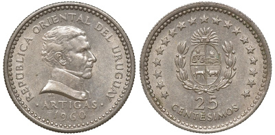 Уругвай 25 сентесимо 1960 KM 40 медно-никель 4169-1041