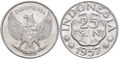 ИНДОНЕЗИЯ 25 СЕН 1957 РЕСПУБЛИКА KM 11 алюминий 4519-714
