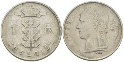 Бельгия 1 франк 1958 Belgie, Бодуэн I (1951-1993) KM 143.1 медно-никель 119-546