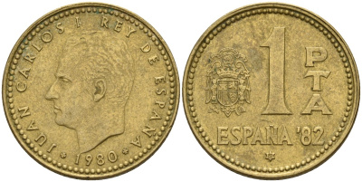 Испания 1 песета 1980 (81) чемпионат мира по футболу 1982 года в Испании, Хуан Карлос I (1975 - 2014) KM 816 алюминиевая бронза 4155-452