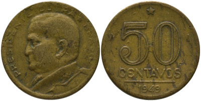 Бразилия 50 сентаво 1949 Эурику Дутра KM 563, Schon 68 алюминиевая бронза 4575-1131